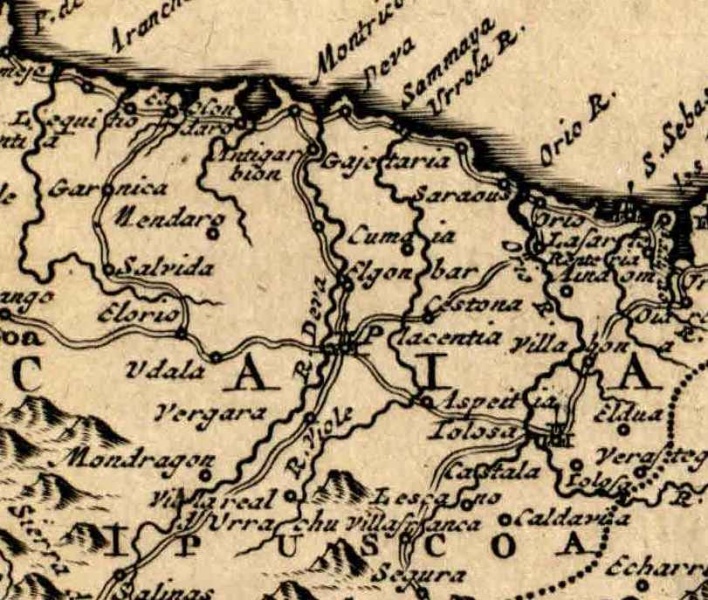 Fitxategi:Nouvelle Carte de Biscaye avec les grans chemins. Soraluze ingurua (Pieter van der AA 1707).jpg